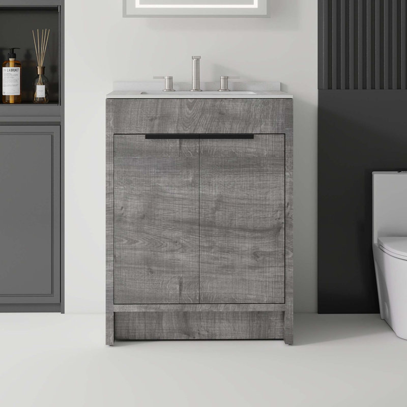 Meuble-lavabo autoportant avec comptoir en marbre de culture et portes à fermeture en douceur, Gris