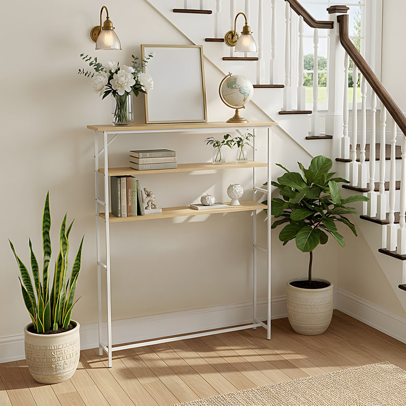 3-Tier Wood-Grain Narrow Console Table, 125cm H x 100cm W x 20cm D, Nature Wood / White, White