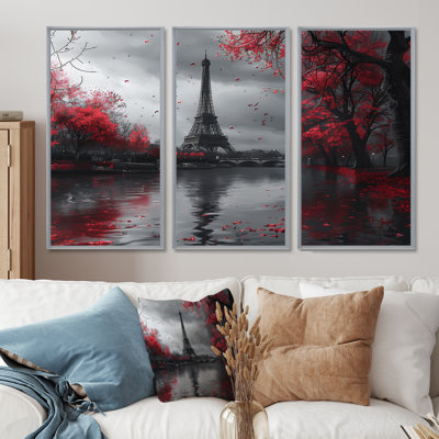 Tour Eiffel rouge et gris photo magique à Paris II - ensemble d'art mural de la ville de Paris