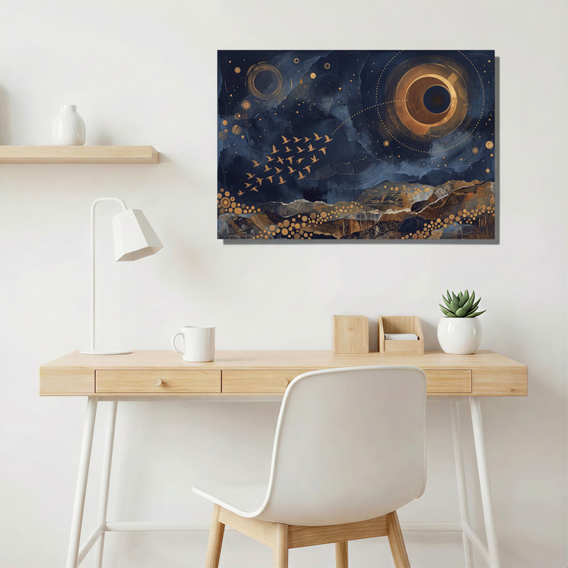 Toile abstraite, paysage bleu avec oiseaux et montagnes dorés, 20"H x 30"W