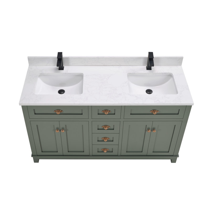 60" Finish Solid Wood Sink Vanity With 1' Artificial Stone Top, Pewter Green, Rose Gold