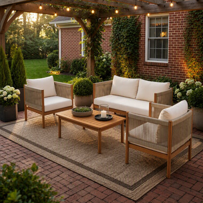 Ensemble de canapés d'extérieur 4 pièces avec structure en bois d'acacia, aspect teck et coussins hydrofuges pour une détente confortable