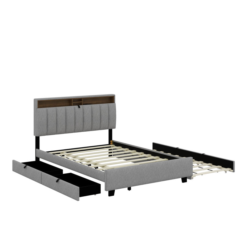 Lit plateforme tapissier avec tête de lit, gigogne et tiroirs de rangement, Lit double, Gris