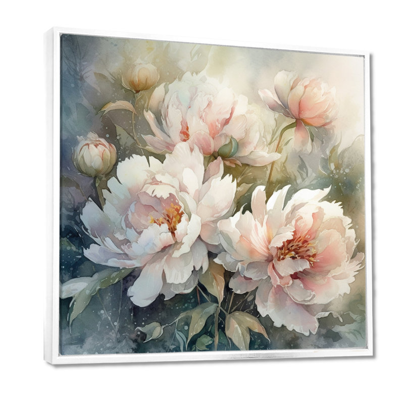 Pivoines roses et vertes sur une branche II - pivoines, art mural, H 24 po x l 24 po x P 1 po, Cadre flottant blanc