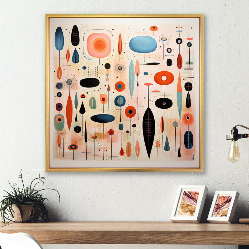 «Mid-Century Whimsical Wonders II» rose - bleu, H 30 po x l 30 po x P 1 po, Cadre flottant doré