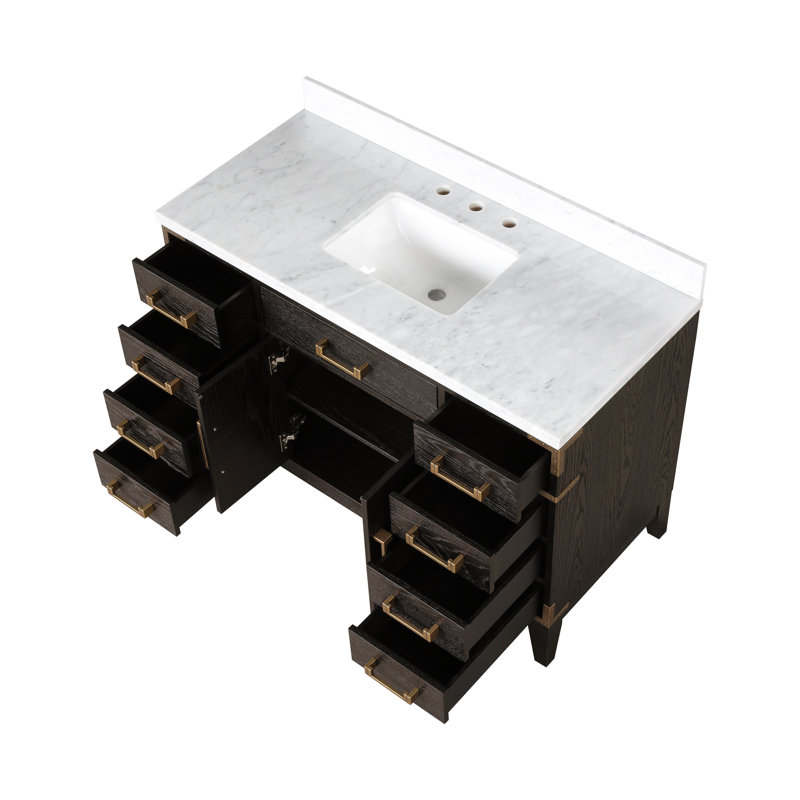 Laurel 48 in W x 22 in D Single Bath Vanity Top, White Carrara Marble, Brown Oak