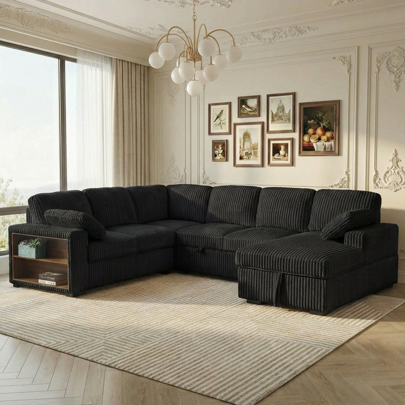 117" Corduroy U-Shaped Sleeper Sectional with Storage Chaise & Side Bookshelf, Black, Black