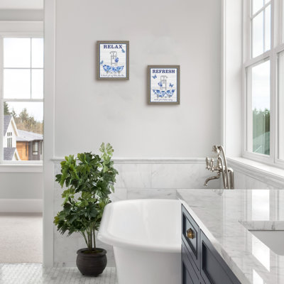 " Blue Floral Bath Art A & B " by Jean Plout 2 - Pieces