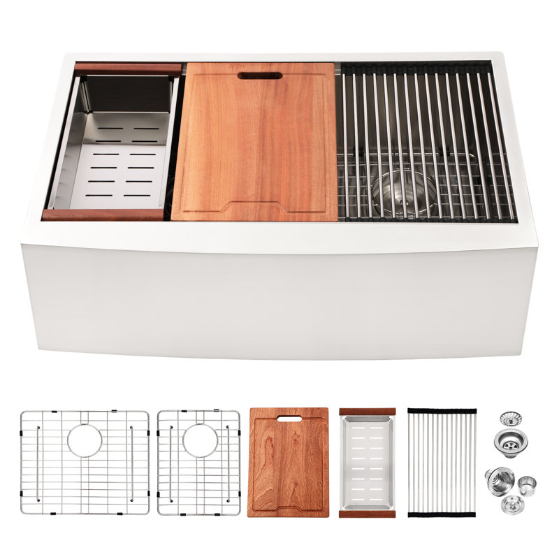 Évier de cuisine à double cuve 60/40 à tablier frontal en acier inoxydable 33/40 avec poste de travail et guide d'eau en forme de X, grille d'installation avec espace de travail fonctionnel, nickel brossé, drain