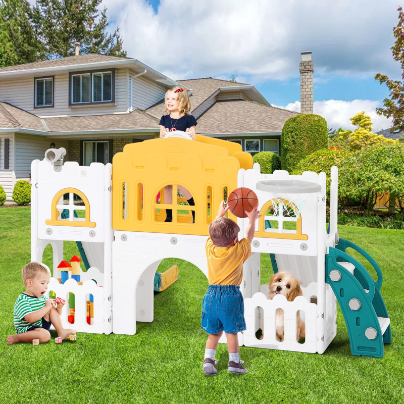 Joyldias 70.9'' W 9 In 1  Plastic Climber Toddler Slide, Toddler Playground With Double Slides,, Yellow/Green