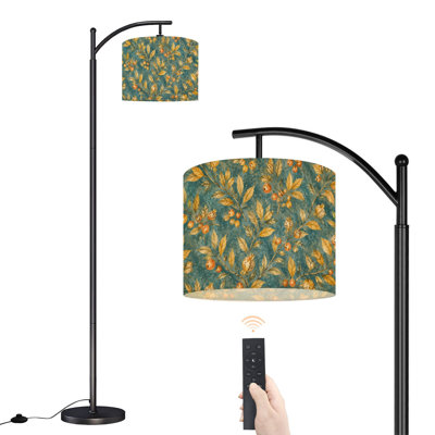 Dimmable LED Arc Standing Floor Lamp Golden Botanical Pomegranate Branches Turquoise, Height Adjustable Lamp Shade with Remote Controller, for Living Room Bedroom Office