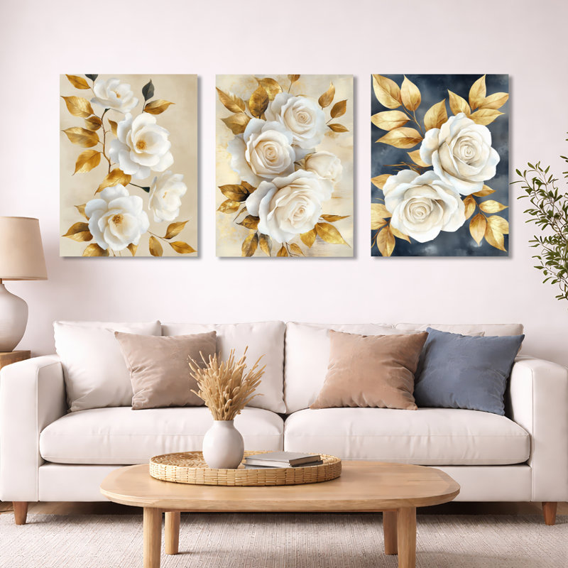 «White Roses with Golden Leaves - Roses», art mural 3 pièces, Toile tendue, H 32 po x l 72 po
