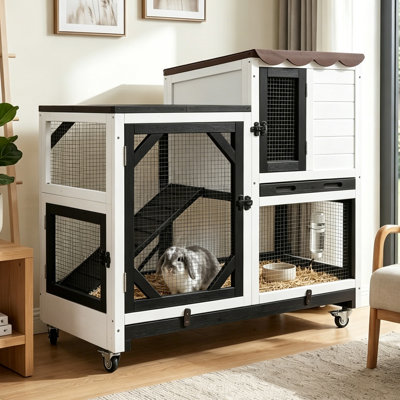 Rabbit Hutch Indoor Outdoor 2 Story Bunny House On Wheels Wood Rabbit Cage With 2 Pull Out Trays Guinea Pig Cage (Black)