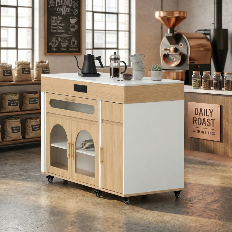 This Simple And Softly Colored Kitchen And Dining Set Includes A Telescopic Dining Table And A Mobile Island With Folding Mechanism, Power Outlets, And A Brake Lock, Along With Storage Cabinets, Making It Both Aesthetically Pleasing And Practical.