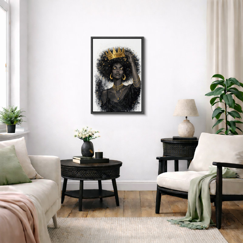 Élégante reine afro avec couronne dorée, œuvres d'art pour chambre à coucher, impression sur toile encadrée, Cadre noir