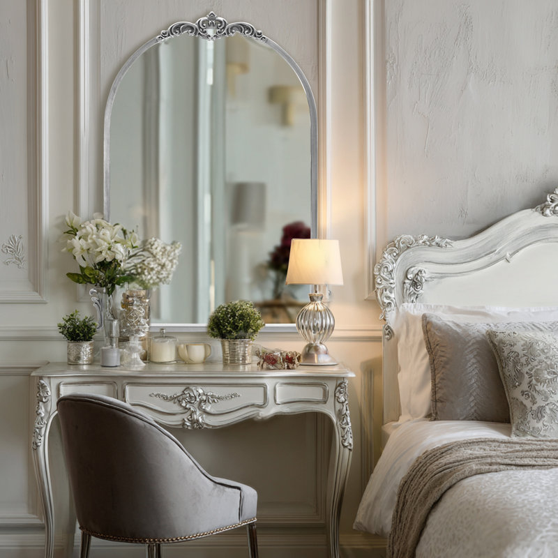Arched Vintage Metal Frame Wall Mirror/Decorative Mirror, Silver, 32" x 24"