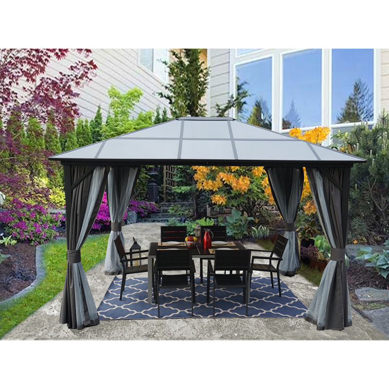 Kozyard Edward 10’x12‘ Polycarbonate Roof Hardtop Gazebo with Curtain and Mosquito Netting