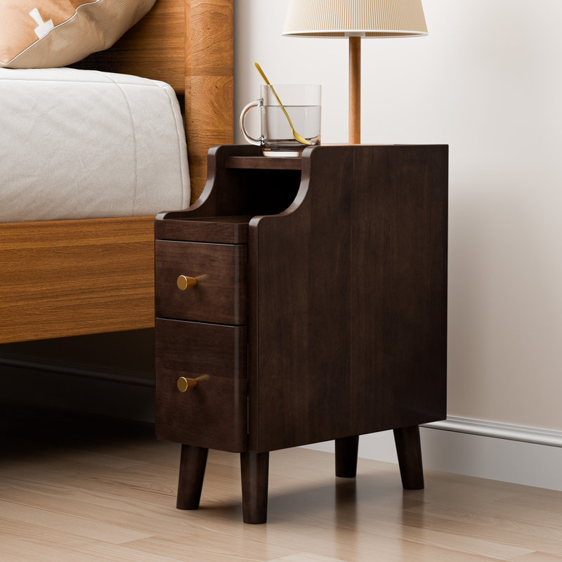 Narrow Nightstand with Drawers, Pre-Assembled Solid Wood Small Skinny Night Stand with Open Sliding Shelf, Black Walnut