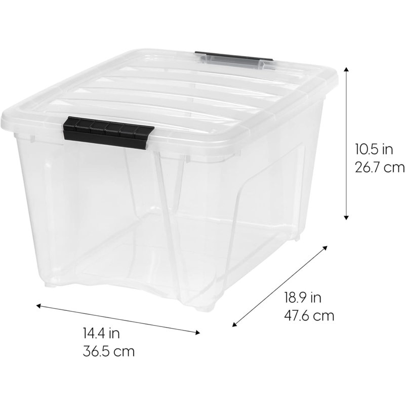 Boîte de rangement en plastique 30 L (32 pte) avec couvercle et loquets - Paquet de 4 - Sans BPA, solution d'organisation transparente, contenants empilables emboîtables durables, poignée à tirer sécurisée