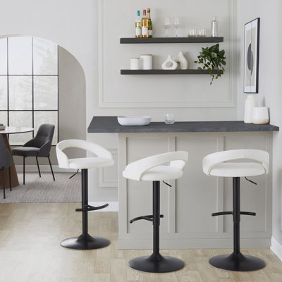 Tabouret de bar réglable en métal noir et tissu velours blanc avec repose-pieds arrondi en T - ensemble de 3