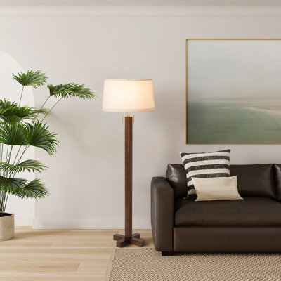 Swiss Cross Floor Lamp - Dark Walnut Wood Finish, Weathered Brass, White Linen Shade