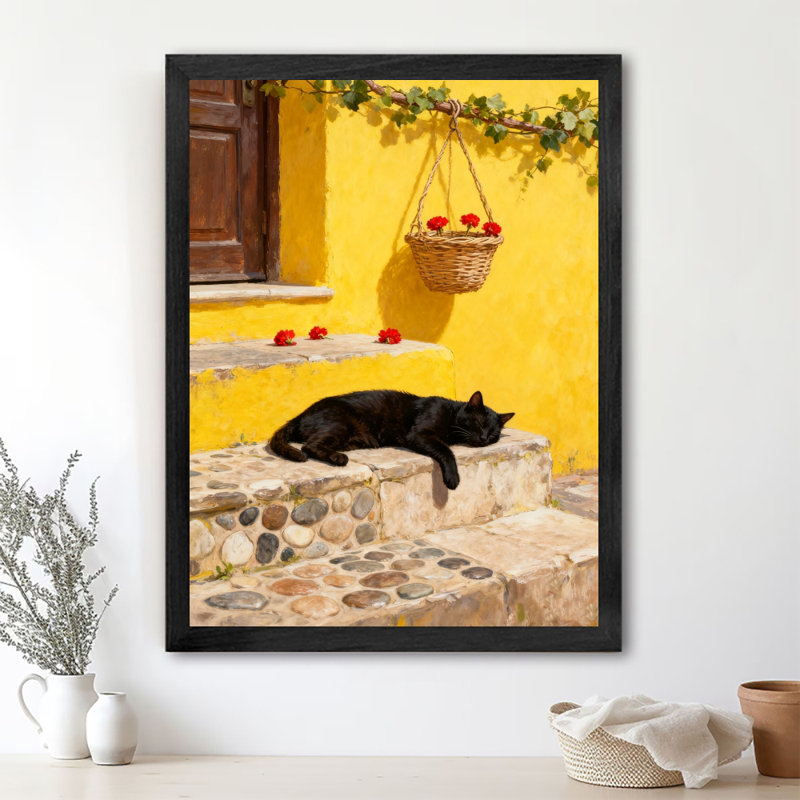 «Black», encadré noir, chat noir qui dort sur les escaliers, art mural de style rétro, H 11 po x l 9 po