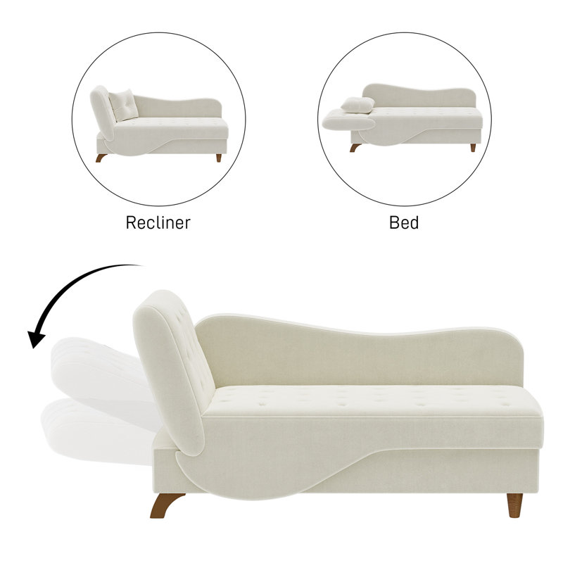Beige Velvet Upholstered Chaise Lounge with Wooden Legs