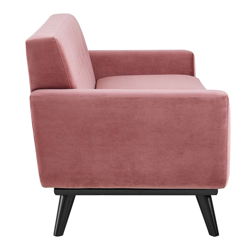 Dusty Rose Velvet Tufted Loveseat with Track Arms and Wood Legs