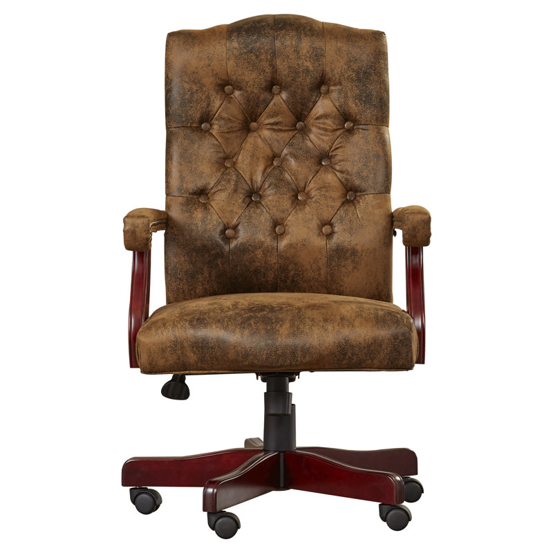 Rustic Brown Leather Executive Swivel Office Chair with Arms
