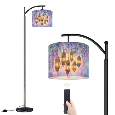  Arc Floor Lamp Elegant Lanterns Surrounded by Purple Blossoms Soft Watercolor Art Tall Modern Standing Lamp LED Adjustable Linen Lampshade 3 Color Temperatures