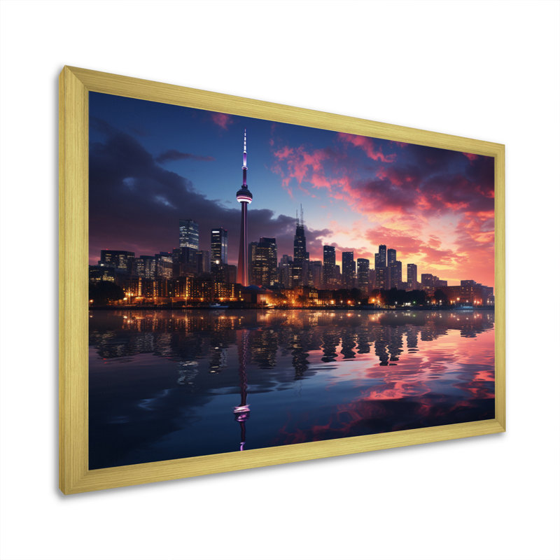 Toronto Canada Cityscape - Nautical & Beach Wall Art Living Room, H 16 po x l 32 po x P 1 po, Encadrement doré