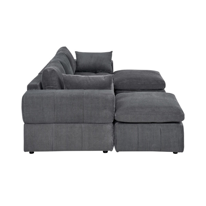 Large Arms Cordory Upholstered Modular Sectional With 2 Ottomans, Dark Gray