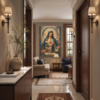 «Immaculée cœur Mary Rosary Lily Rose géométrique Halo Mary», reproduction de texte sur toile, art mural plat, décoration religieuse religieuse, peinture