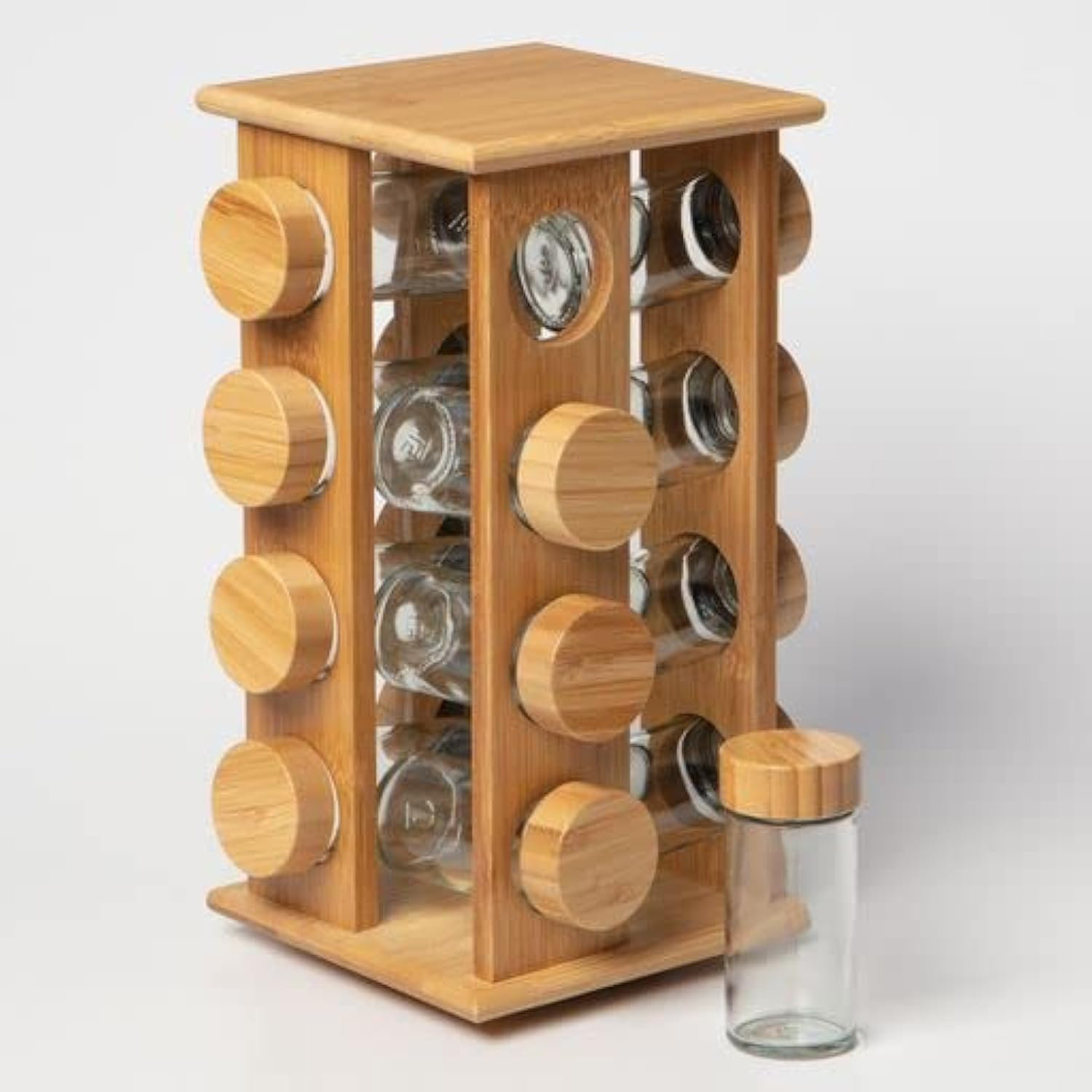 Prep & Savour Rotating Square Bamboo Spice Rack with 16 Glass Jars and ...
