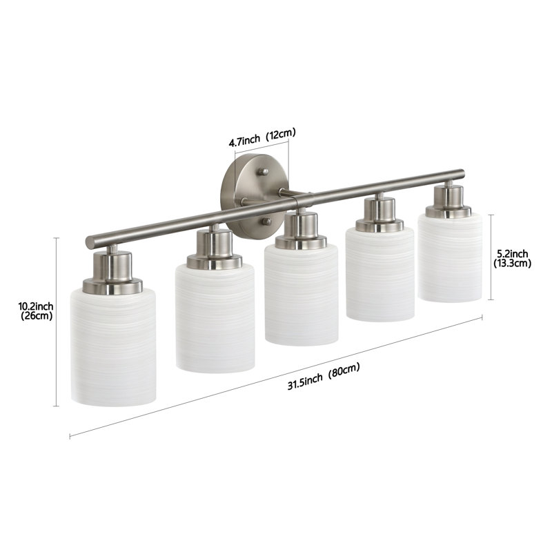 Luminaire pour meuble-lavabo moderne en nickel brossé 5 lumières avec abat-jour en verre givré - Applique murale pour salle de bain et couloir
