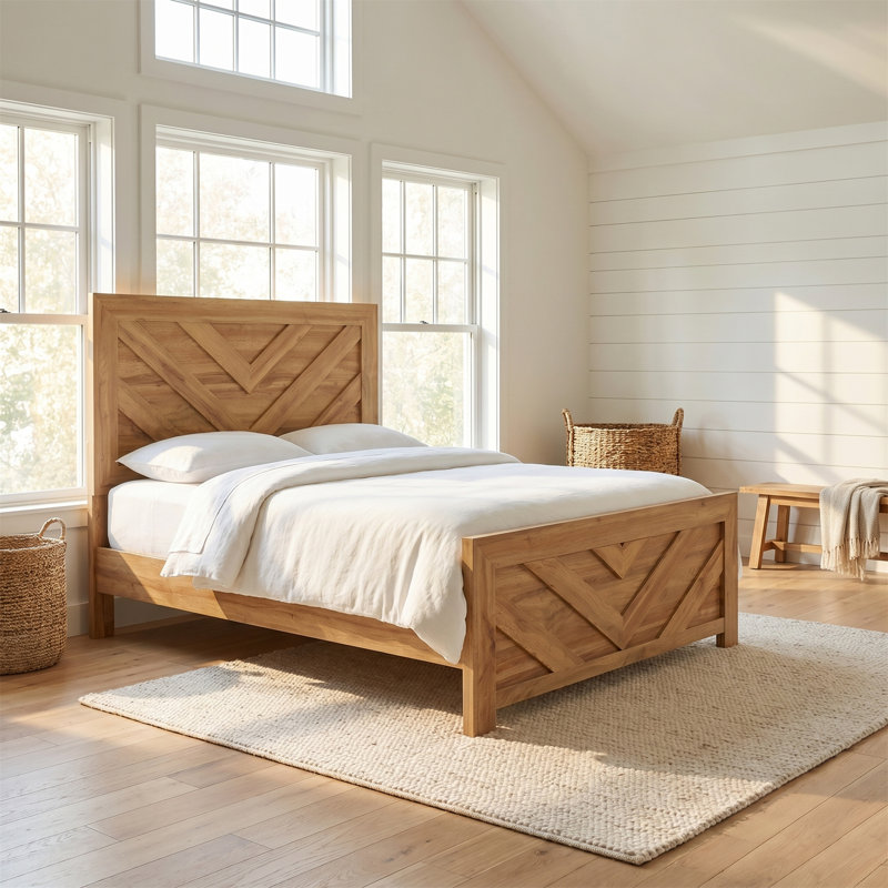 Structure de lit simple avec finition en bois naturel, tête et pied de lit à motif de losanges, Lit simple
