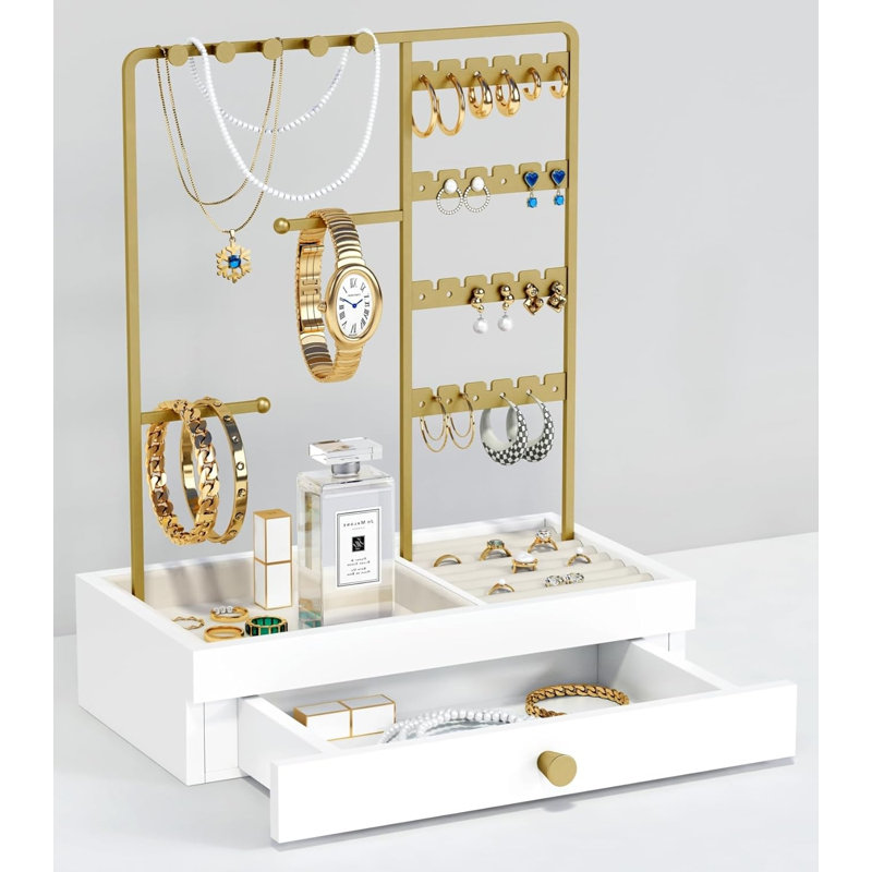Présentoir à bijoux en bois doré avec tiroir et anneau en velours