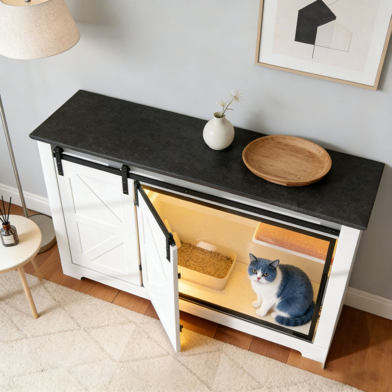 Enceinte de litière pour chat 46 "avec porte de grange coulissante Farmhouse