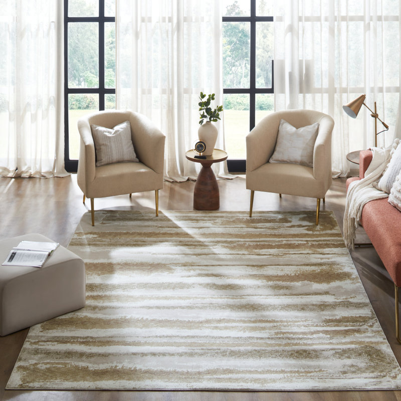 Narooma Ivory Gold Brushstroke Stripe Area Rug, Rectangle 5'6" x 8'6"
