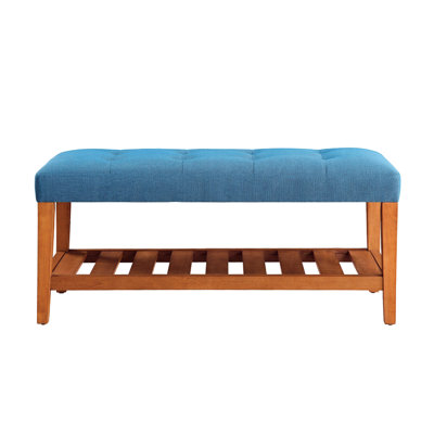 Banc rembourré bleu et chêne avec pieds fuselés, Kd, sans accoudoirs / sans dossier, assise, L 40 po x l 16 po H 18 po, revêtement de 24 lb, sans dossier, coussin rembourré en bois