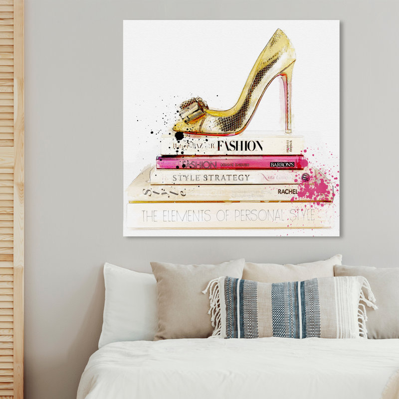 Chaussures mode et glamour dorées et livres de mode - impression, H 40 po x l 40 po, Toile tendue