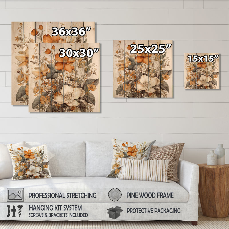 Traduction libre: Bouquet de fleurs crème et oranges II sur bois, H 15 po x l 15 po x P 0,78 po