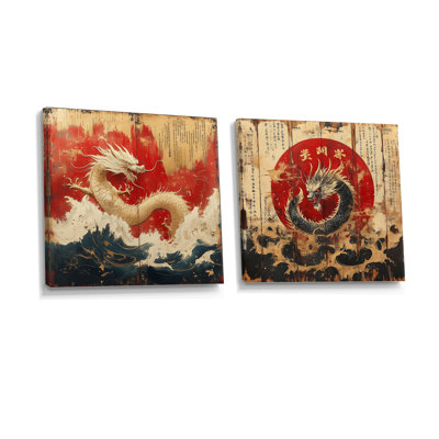 Dragon chinois, signe du zodiaque chinois dans les tons rouges et dorés I - Astronomie, signe du zodiaque chinois - ensemble de 2 décorations murales modernes