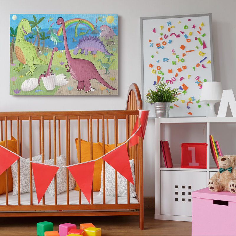 Illustration de dinosaures heureux jouant par arc-en-ciel, Toile tendue, H 36 po x l 48 po x P 1,5 po