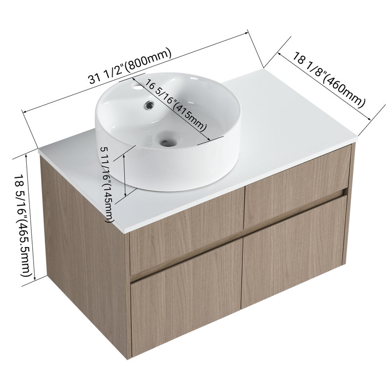 32" Wall-Mounted Bathroom Vanity with Ceramic Sink and Soft-Close Doors, Smoked Walnut