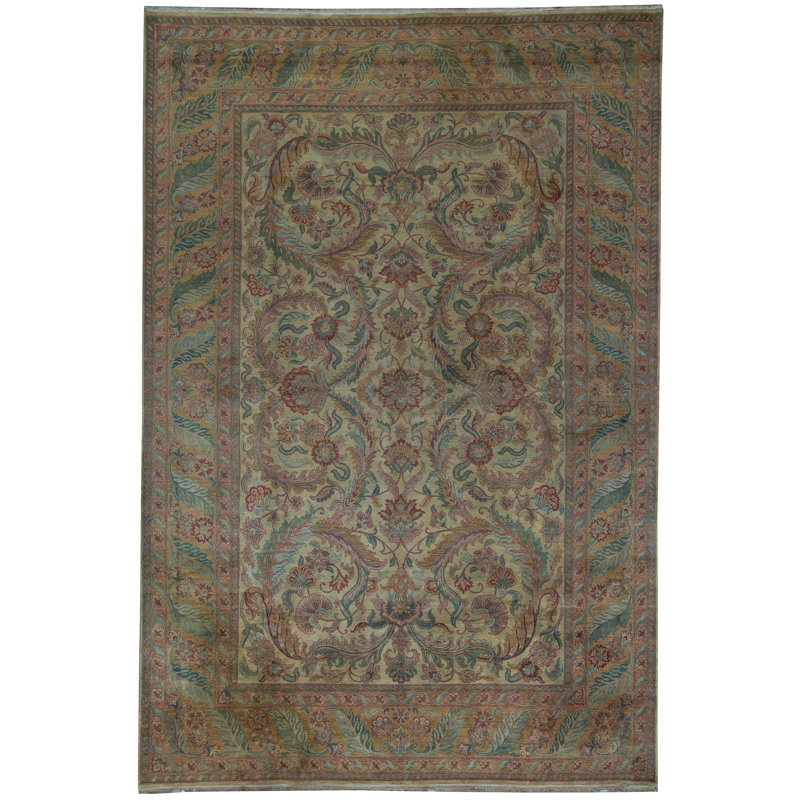 Tapis crème et doré noué à la main de haute qualité