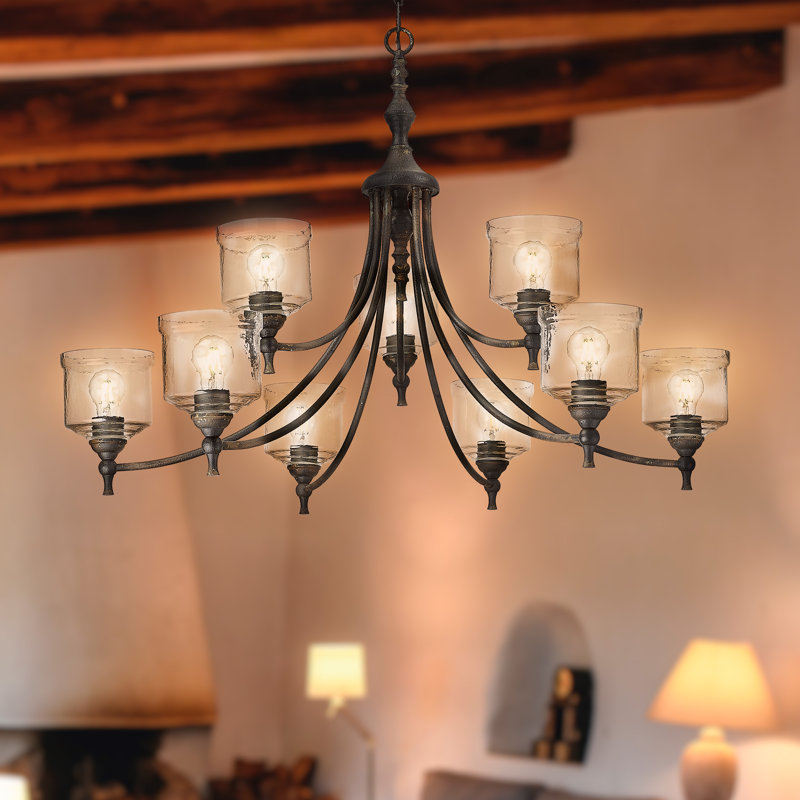 Corder 9 Light Chandelier with Hammered Water Glass Shade, Antique Black Iron