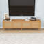 Meuble télé moderne pour téléviseur de 80 po ou moins avec portes d'armoire en rotin, rangement dissimulé et pieds en bois massif