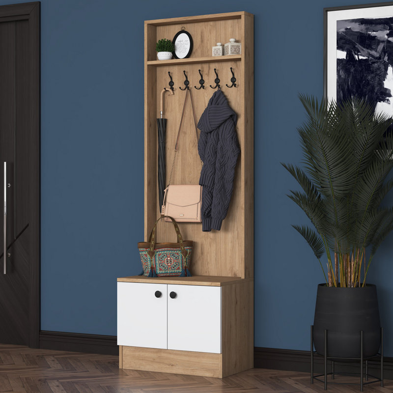 Modern Hall Stand with Hanging Coat Rack & Shelves, Walnut & White | 23.6 x 72.0 x 14.0 inches | 100% Melamine Coated E1 Quality Chipboard, Durable & Stylish Design for Additional Storage, Wall-Mountable