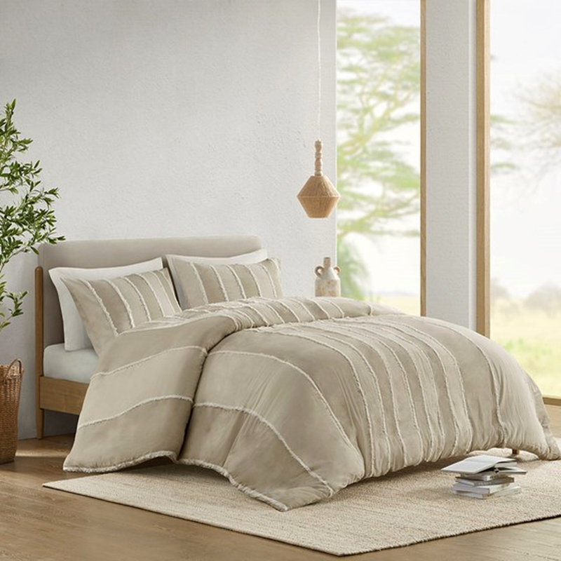 Housse de couette 100% coton pour très grand / très grand lit avec rayures taupe et attaches intérieures 3 pièces rayées